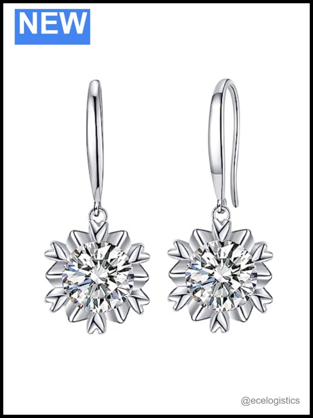 Moissanite Snowflake Drop Earrings Sterling Silver Hinged Hoop